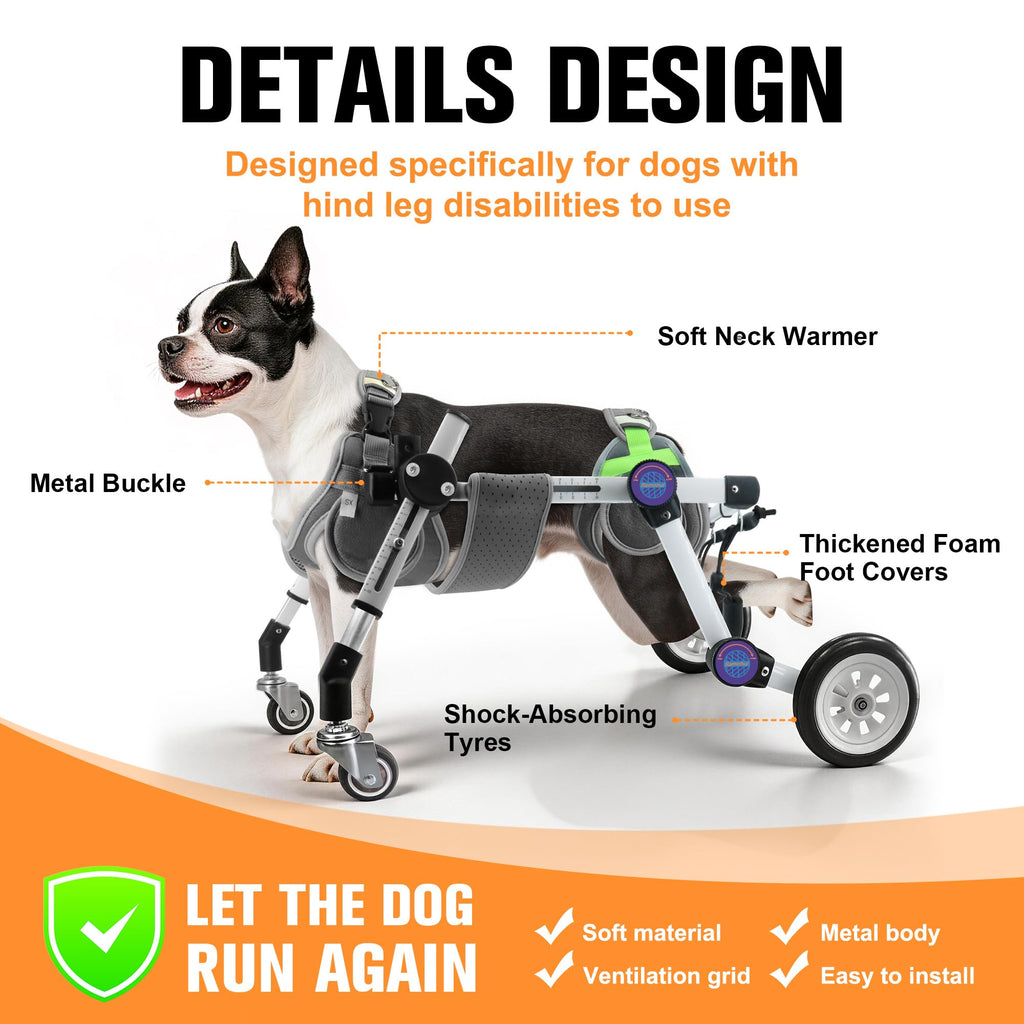 LetPetRun Dog Wheelchair 4 Wheels Adjustable, Full Body Support Dog Cart for Front & Rear Legs, Lightweight Mobility Aid for Disabled Small Dogs (XSLW for 17.5-33.5lbs)