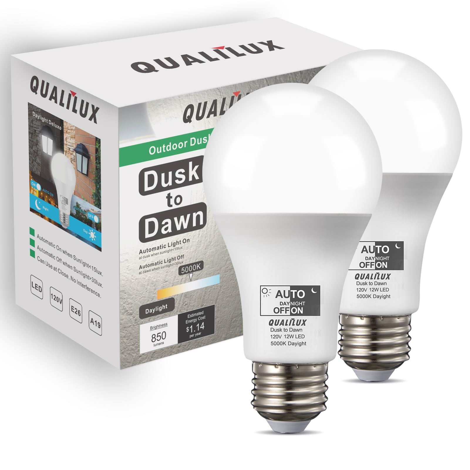 Qualilux Dusk to Dawn Light Bulbs 4000K Cool White (Neutral White), 850LM, 60W Equivalent, LED 9.5W, A19, E26 Base, 4-Pack, HQ-H014