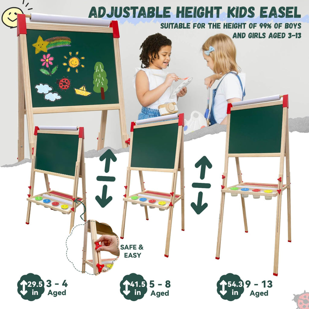 Easel for Kids,Adjustable Wooden Art Easel for Kids,114+ Art Supplies,Double Sided Magnetic Chalkboard and White Board for Kid,Drawing and Painting for Aged 2-4,5-7,8-12,2 Paper Rolls