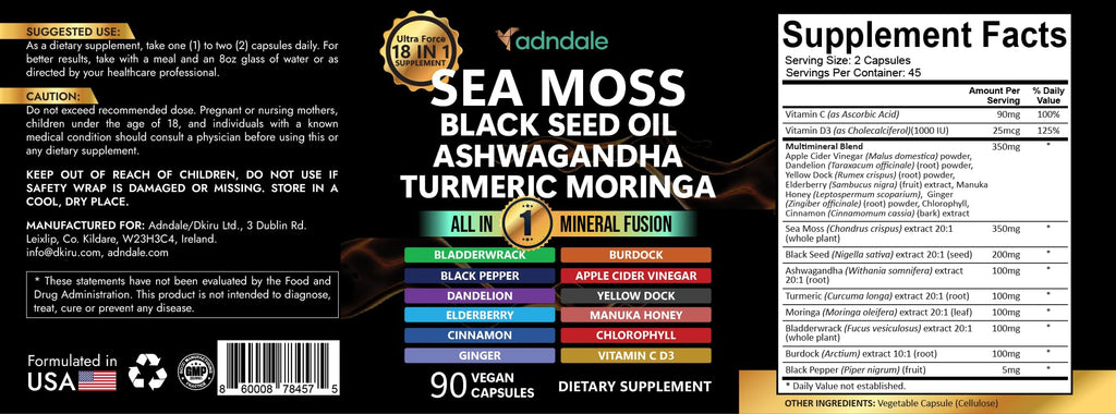 Adndale Sea Moss Capsules - Sea Moss Blend with Ashwagandha, Turmeric & Black Seed Oil - 180 Count