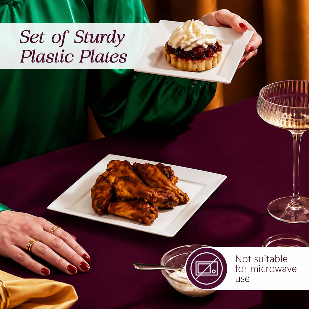 [60 PCS] Square Plastic Plates for Party | White Disposable Plastic Plates