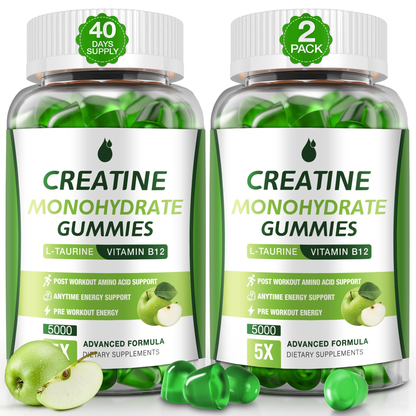Creatine Gummies for Men & Women - Creatine Monohydrate Gummies 5g, Low Sugar Creatine Supplement for Muscle Builder, Energy Boost & Pre-Workout Supplement, Green Apple Flavor, 160 Gummies (2 Bottles)