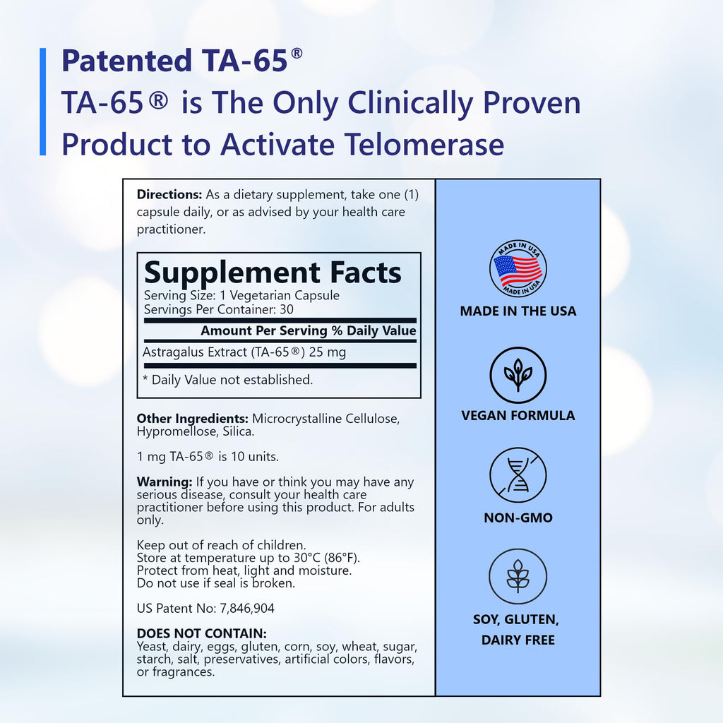 T.A. Sciences TA-65 Telomere Activation Supplement, 2.5 Times Potency Telomerase, 30 Capsules