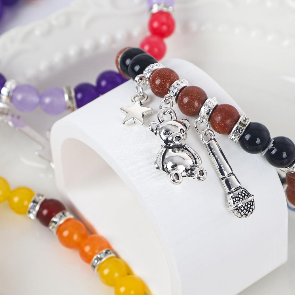 JUNIQUTE FNAF Game Inspired Bracelet for Women - 4PCS Charm Bracelet with Translucent Stone Beads & Metal Prop Charms, Pulseras Para Mujer, Birthday Valentines Gifts