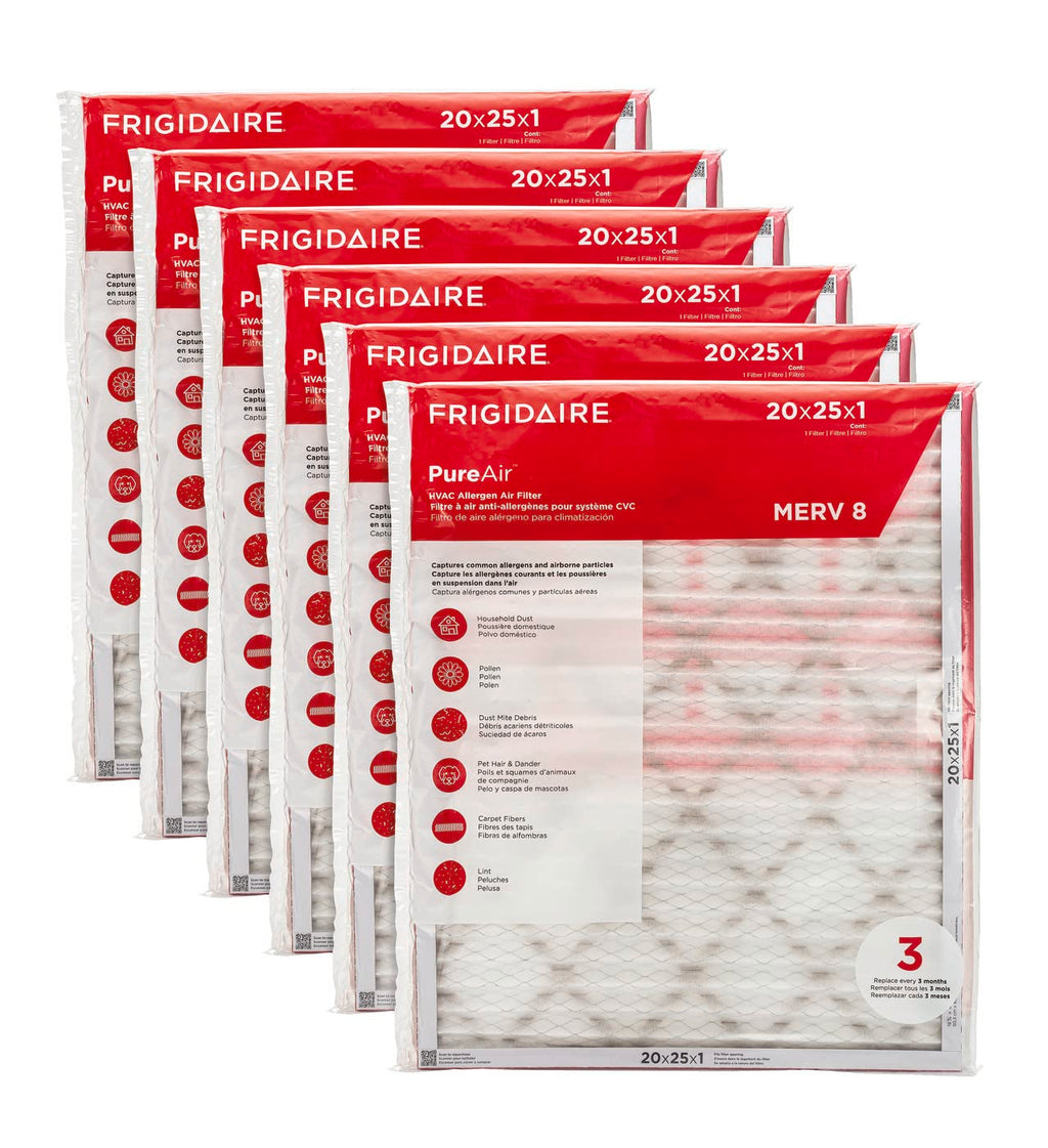 Frigidaire PureAir® 20x25x1 MERV 8 Allergen Electrostatic Pleated Air Conditioner HVAC AC Furnace Filters - 6 Pack (exact dimensions 19.81 X 24.81 X 0.81)