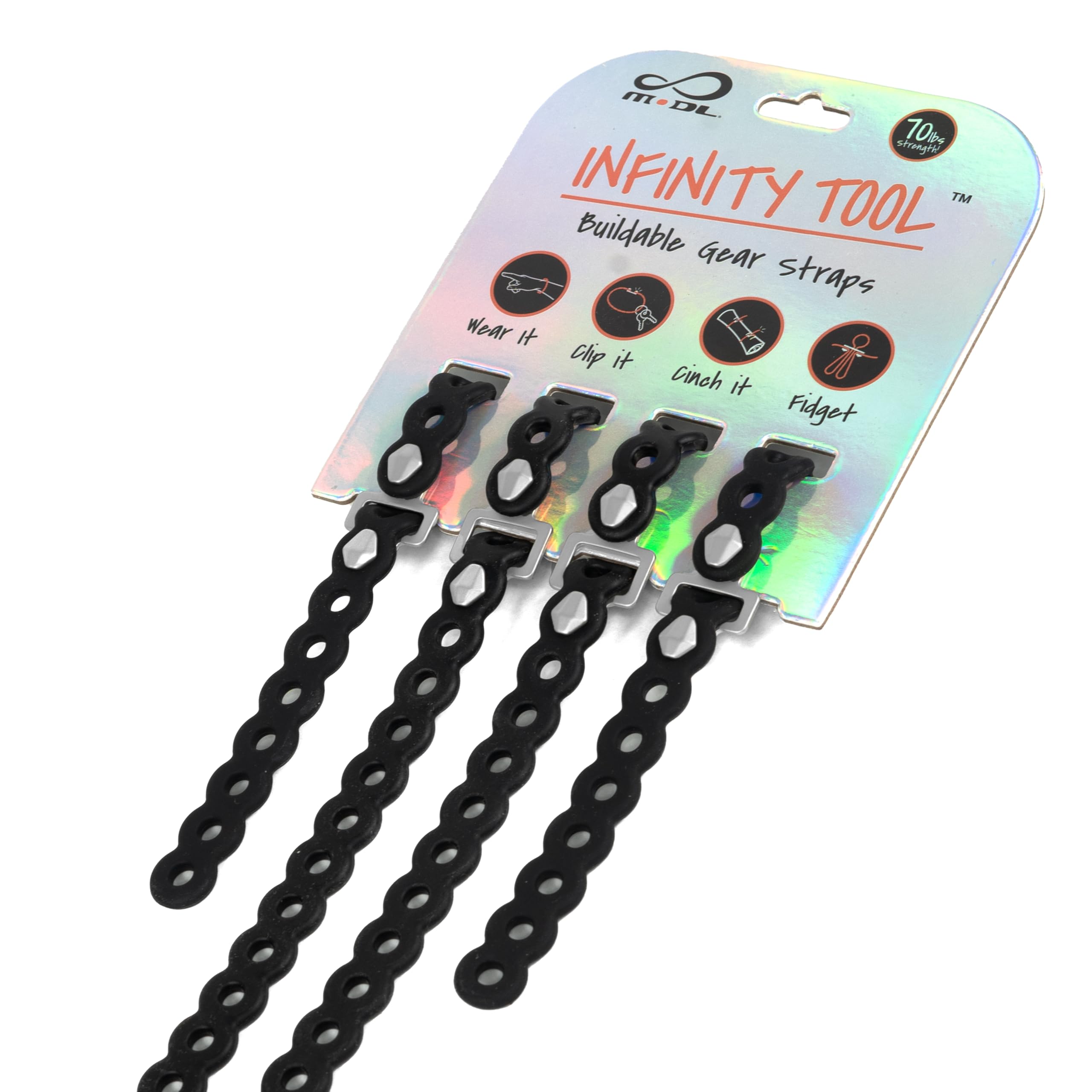 MODL Infinity Tool™ 2.0 Modular Straps (4-Pack) - Flexible Multi-Tool, Utility Bracelet, Gear Strap, Wearable Gadget for Outdoor Adventure, Survival, Camping, Travel, EDC (Black)