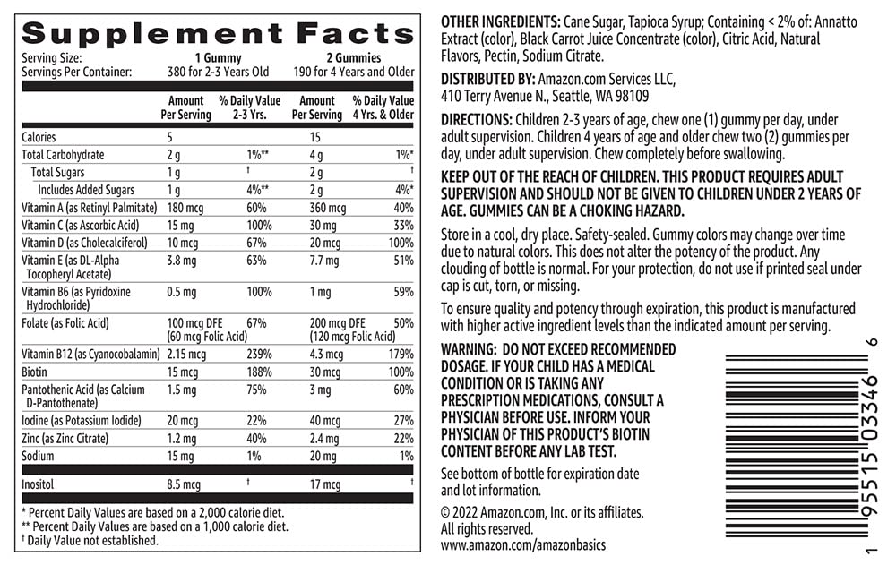 Amazon Basics Kids' Multivitamin Gummies, Cherry, Strawberry & Orange Flavors, 380 Count, 2 Packs of 190 (Previously Solimo)