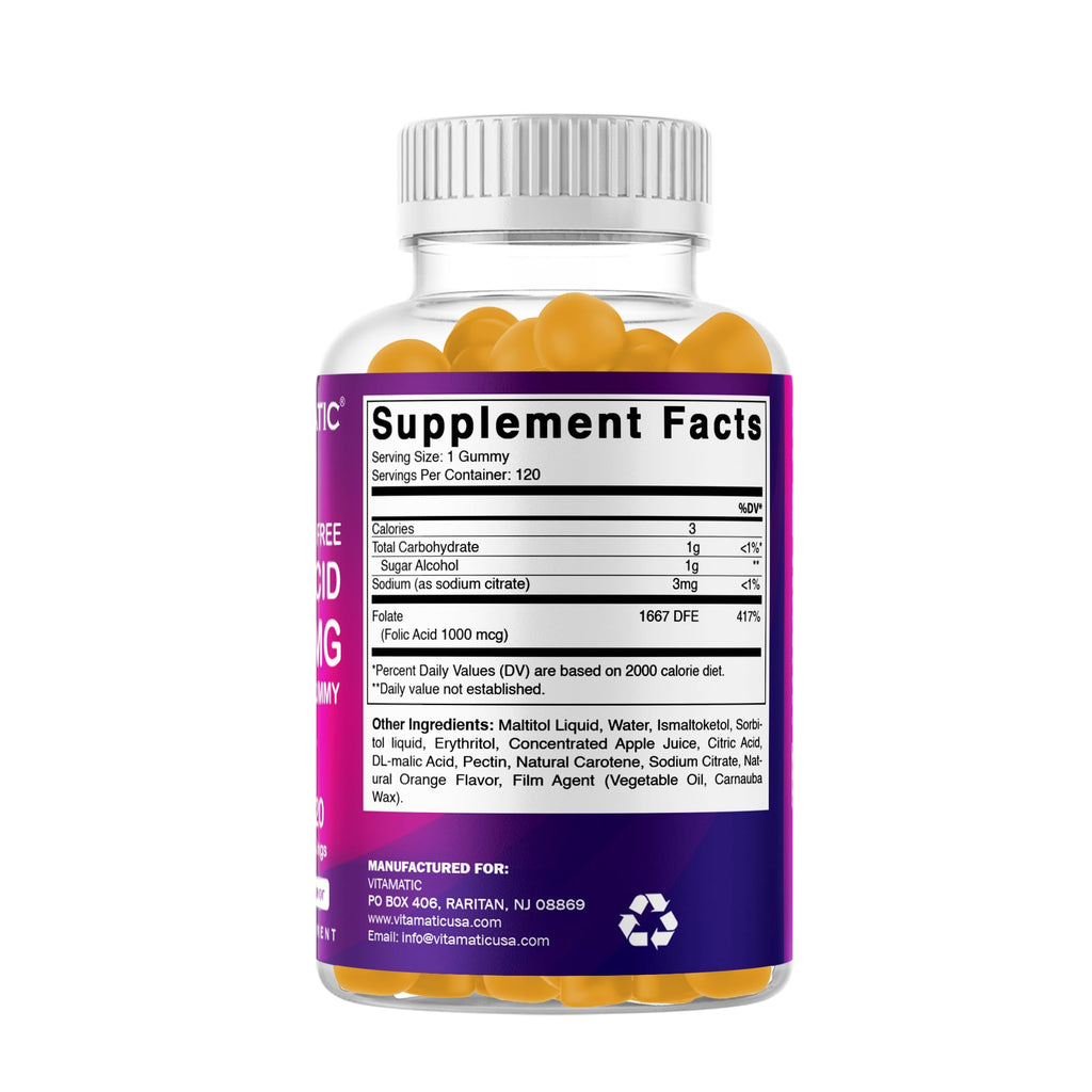 Vitamatic Folic Acid Gummies 1000 mcg (1 mg) – Essential Prenatal Vitamin B9 for Mom & Baby – 120 Vegan Gummies per Bottle – 2 Pack