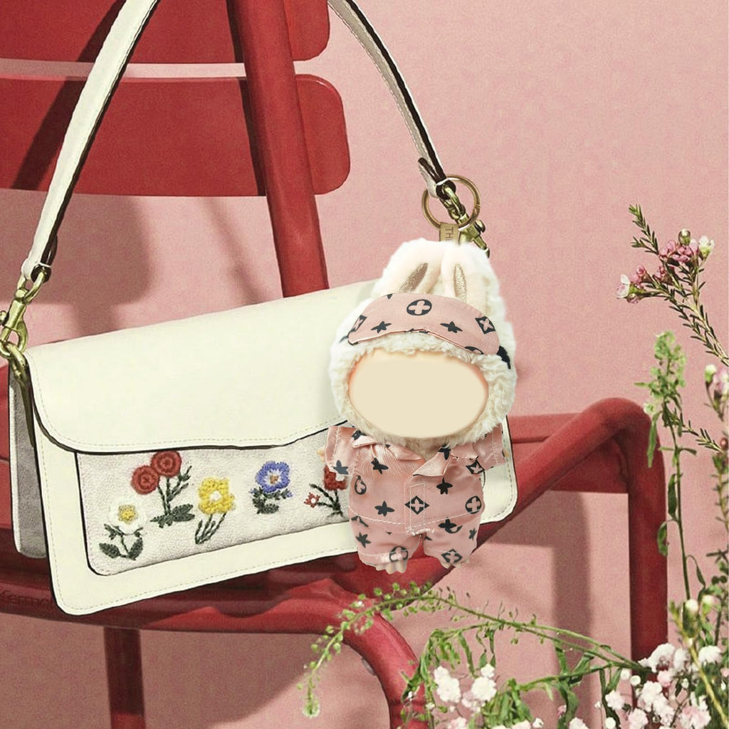 Clothes Compatible with LABUBU Doll - 3PCS Classic Set, 17cm Doll Clothes Designer Outfit for Cozy Night Theme, Stylish Luxury Pajama Accessories for Labubu, No Doll (Rosy Sleepwear Set)