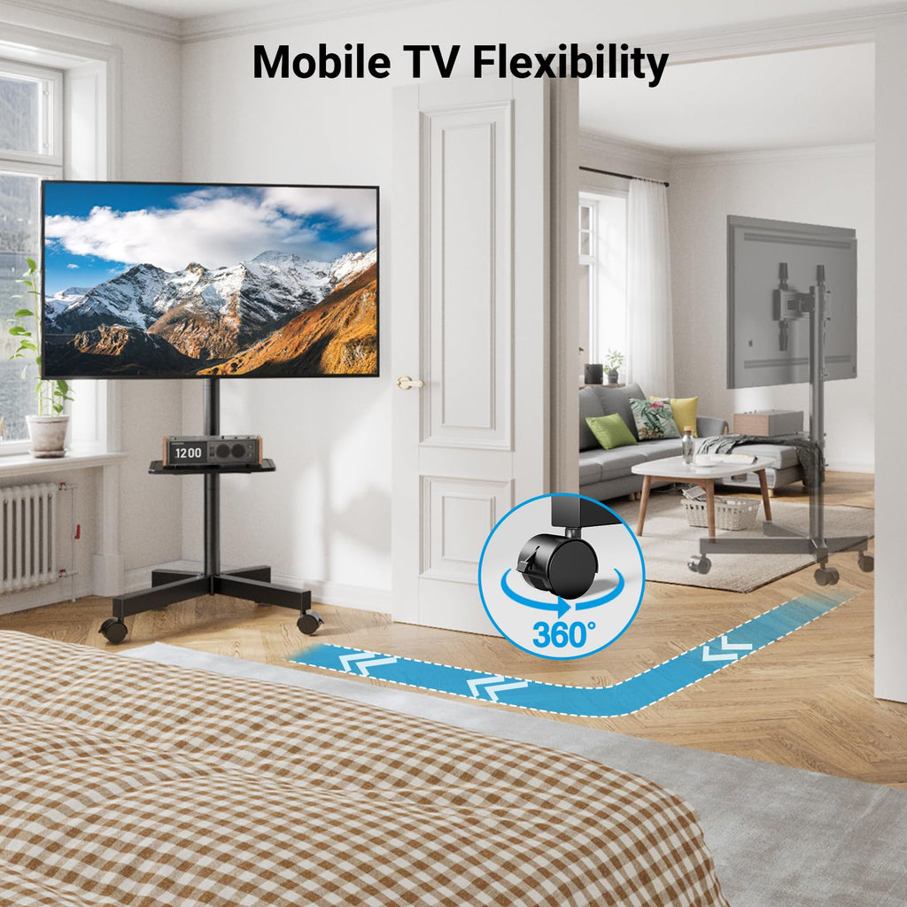 PERLESMITH Rolling TV Stand, Mobile TV Stands for 23-65 Inch LCD LED TVs, Tilt TV Stand Wheels Holds up to 88Lbs, Portable Outdoor TV Cart for Bedroom with Shelf, Max VESA 400x400mm PSTVMC06