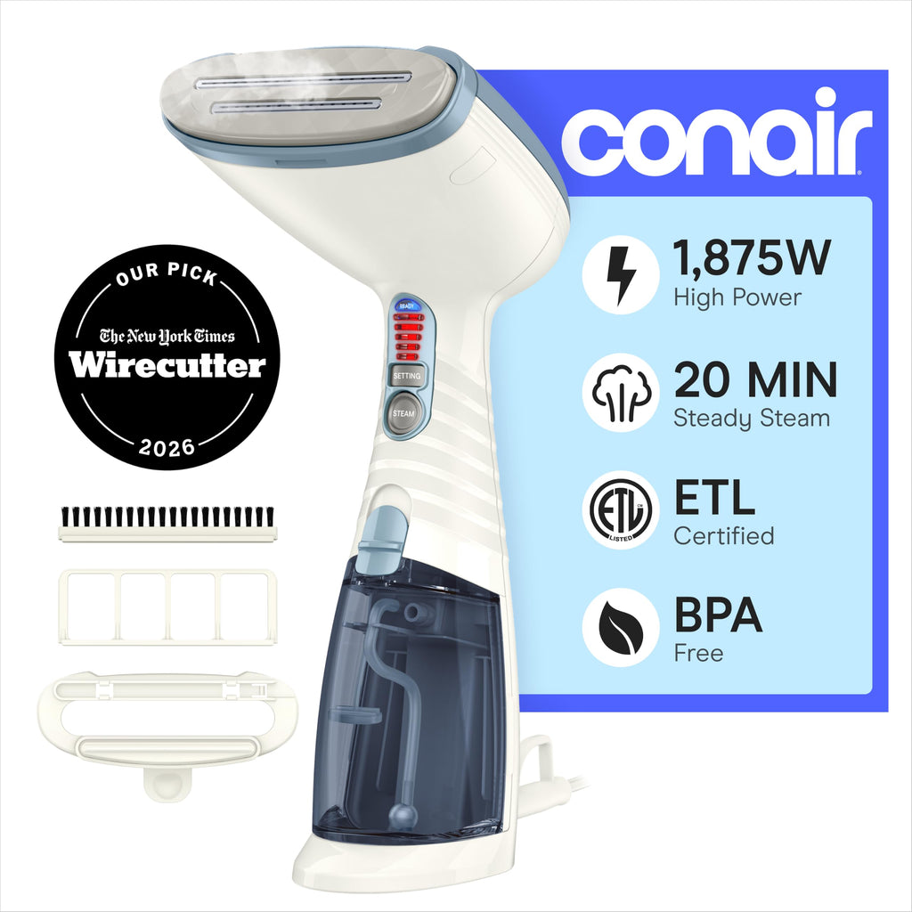 Conair Handheld Steamer for Clothes & Upholstery, 3 Attachments, White/Blue