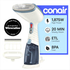 Conair Handheld Steamer for Clothes & Upholstery, 3 Attachments, White/Blue