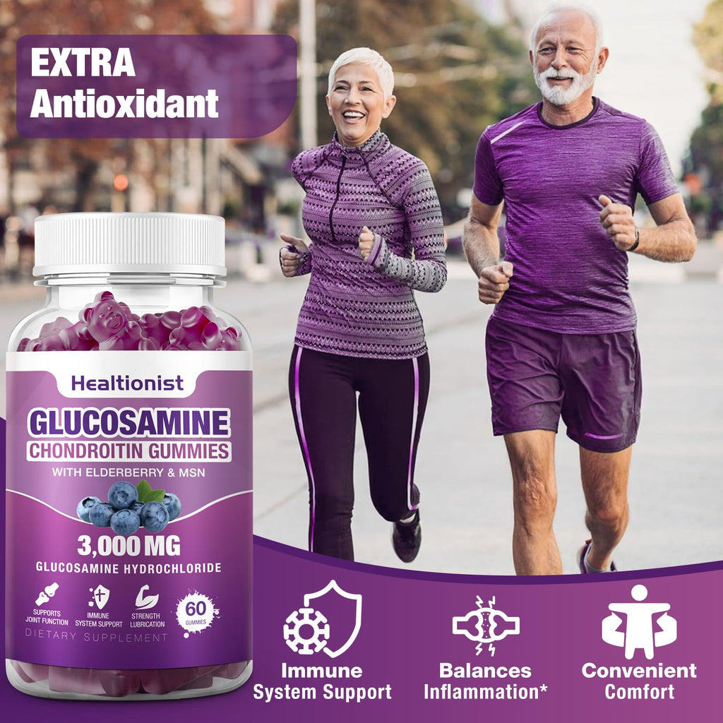 Healtionist 2 Packs 3000mg Glucosamine Chondroitin Gummies with MSM & Elderberry - Extra Strength Joint Health, Flexibility, Antioxidant Immune Support Supplement Gummy for Adults, Men & Women 120 Cts