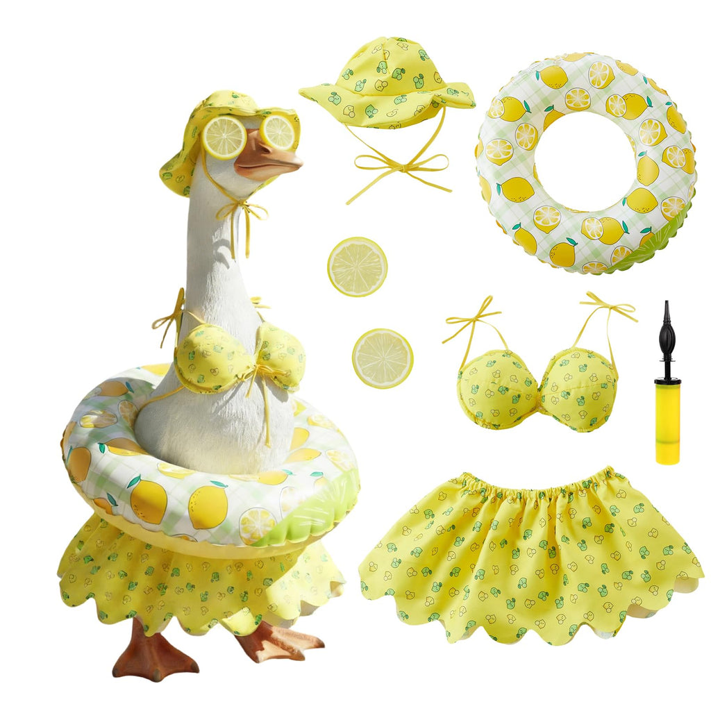 Summer Porch Goose Outfit Set for 23'' Cement Plastic Lawn Goose Statue,Funny Lemon Bikini Clothes with Inflatable Swim Ring, Sun Hat & Glasses, Cute Beach-Themed Decor for Outdoor Yard Statues