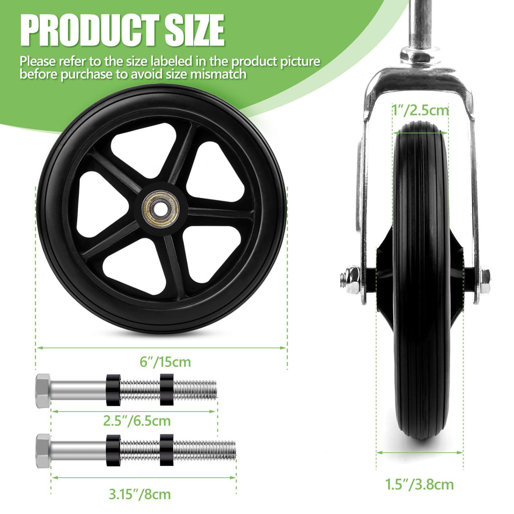Royitay 2 Pack 6 Inch Rubber Wheelchair Wheels Replacement for Walkers, Rollators, Wheelchairs,Durable Anti-Slip ABS Wheel Hub- Universal Aid Wheels for Adults, Seniors, Black