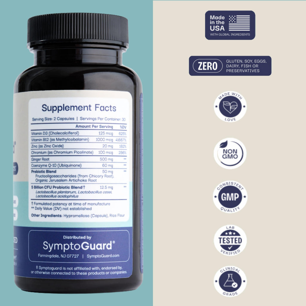 SymptoGuard Natural GLP-1 Supplement Support Vitamin for Digestive Comfort and Energy Levels with Pre and Probiotics, Vitamin D3/B12, Chromium and Ginger Root – 60 Capsules (30 Day Supply)