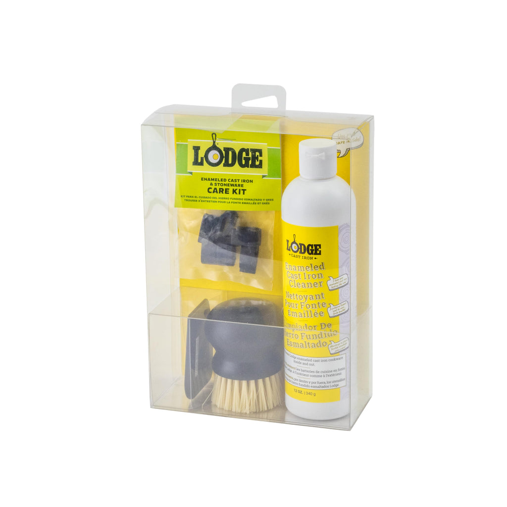 Lodge Enameled Cast Iron & Ceramic Stoneware Cleaner Care Kit - Set Includes 11oz Cleaner, Black Pan Scraper, Scrub Brush, Package of Pot Protectors, and Use & Care Booklet - 5 Piece Set