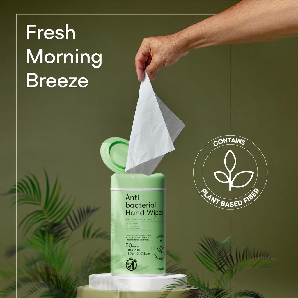 Biopure Antibacterial Hand Wipes Fresh Morning Breeze- Antibacterial Wipes with Aloe and Vitamin E Formula | 5"x7" Wet Wipes Canister | No Parabens, Sulfates or Phthalates, Kills 99% of Germs, 300 ct