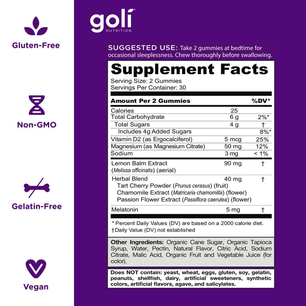 Goli Dreamy Sleep Gummy - 60 Count (Pack of 2) - Melatonin, Vitamin D, Magnesium, and Lemon Balm Extract - Gelatin-Free, Gluten-Free, Vegan & Non-GMO