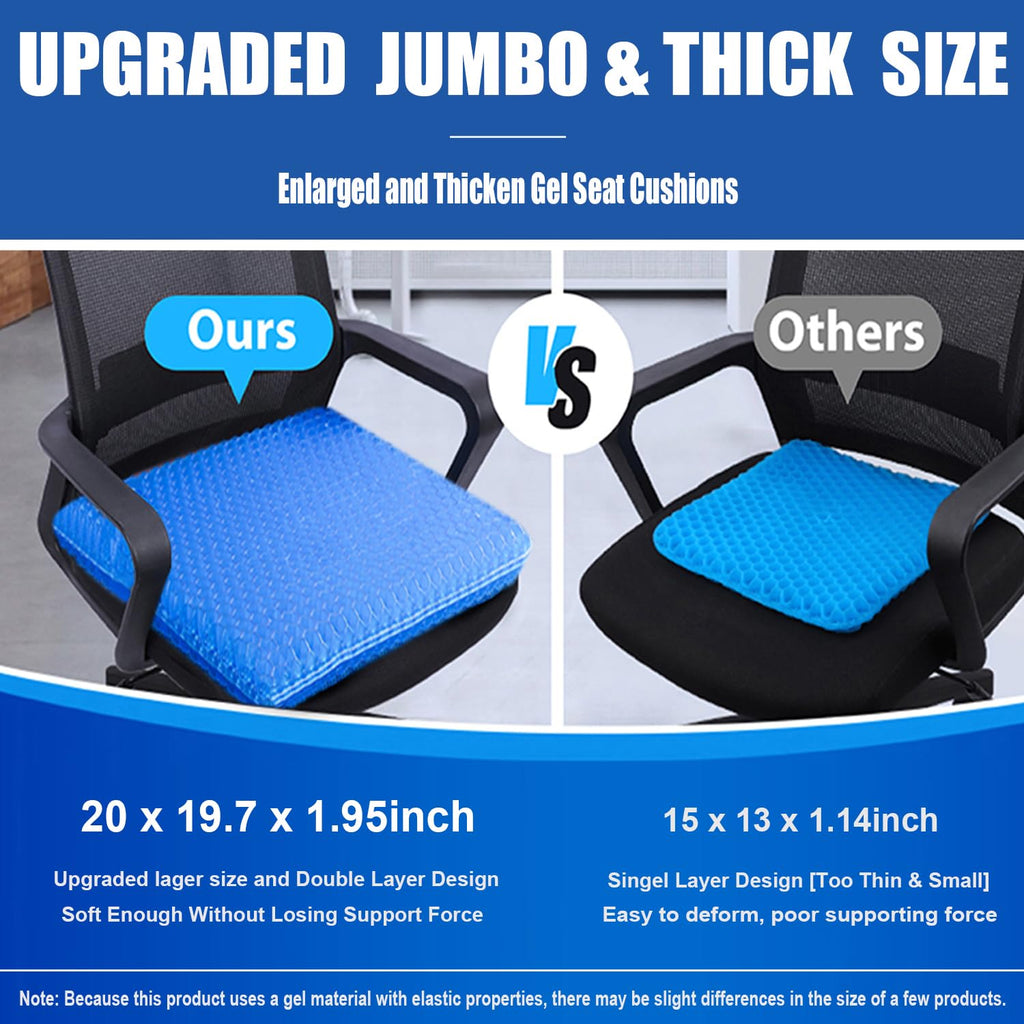 20" Gel Seat Cushion for Long Sitting Pressure Relief(Jumbo&Thick) - Wheelchair Cushion for Pressure Sores - Back, Sciatica & Tailbone Pain Relief Cushion- Non-Slip Butt Pillow for Office, Home, Car
