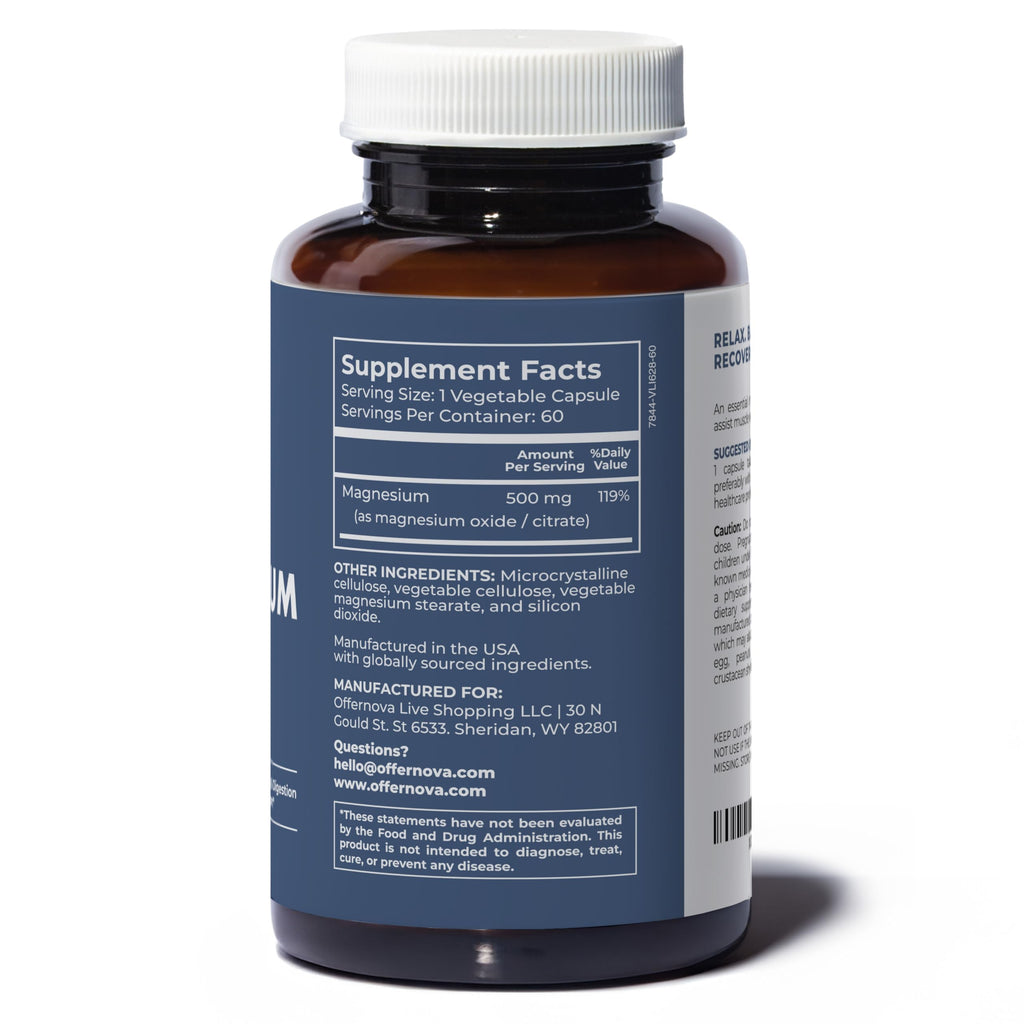 Offernova Magnesium Ultra - High Absorption 500mg Vegan Magnesium Citrate & Oxide Complex - Boost Sleep, Digestion & Muscle Health for Men & Women – Constipation Relief - Citrato de Magnesio