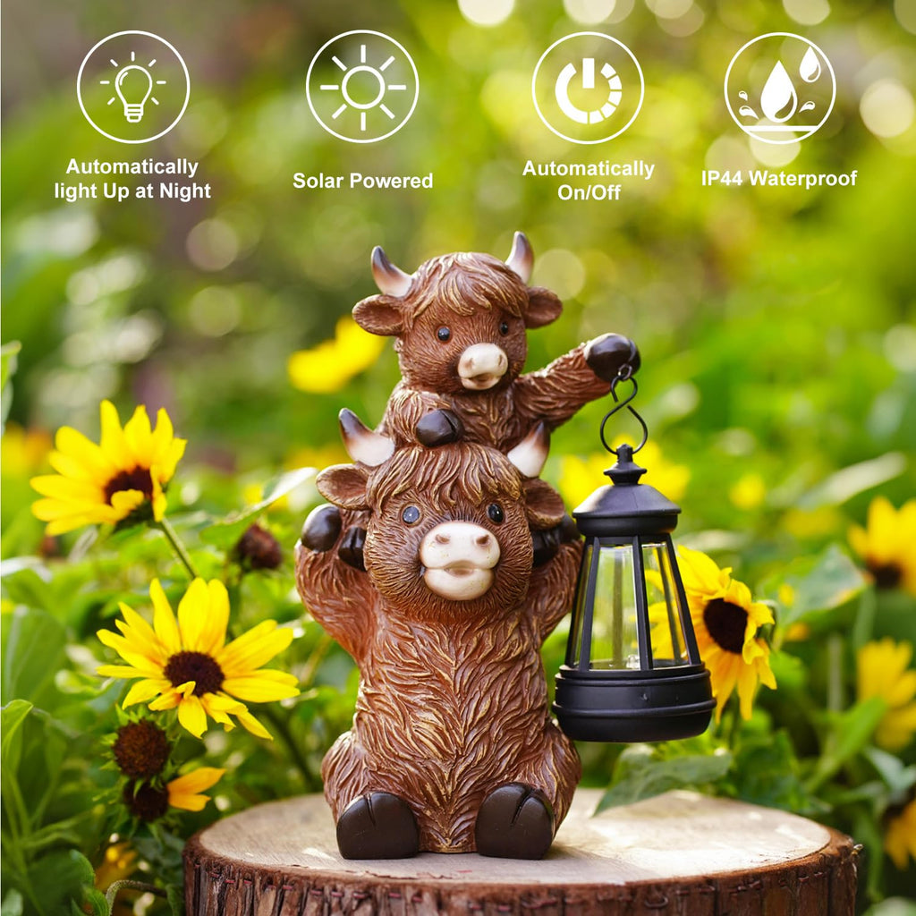 Tiejiajiang Solar Highland Cow Decor - Resin Cow Statue with Solar Lantern