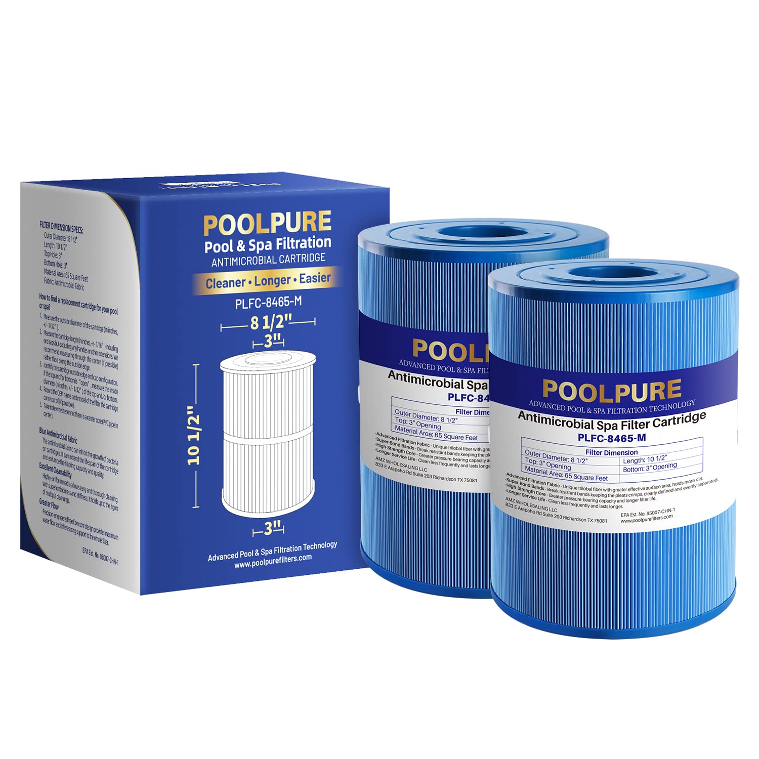 POOLPURE Antimicrobial PLFC-8465-M Spa Filter Replaces Watkins 31114, Compatible Unicel C-8465RA, Pleatco PWK65-M, Filbur FC-3960M, 71827, 71828, 65 sq. ft Hot Spring Spa Filter (2pack)