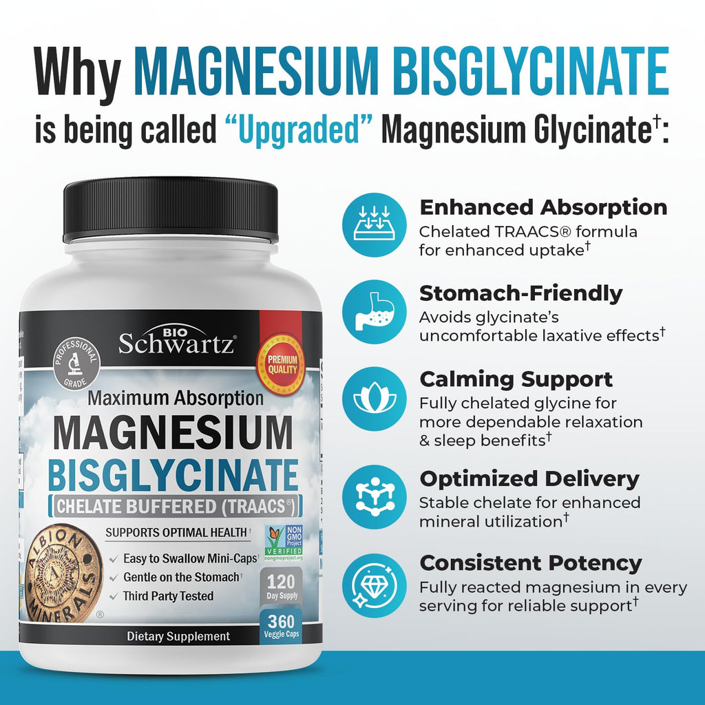 Magnesium Bisglycinate Chelated Supplement - High Absorption Magnesium Glycinate Supplement for Women and Men - Sleep, Muscle, Bone & Joint Support - Non-GMO, Non-Laxative Chelate - 360 Capsules