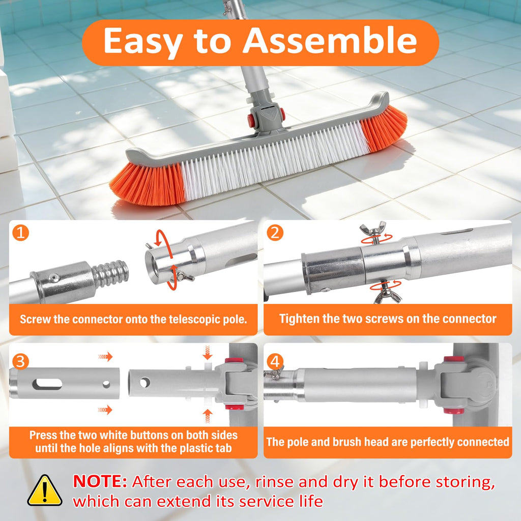 16FT Pool Brush with Pole, 19" Heavy Duty Swimming Pool Brush with 4-16FT Aluminum Telescopic Pole, Pool Scrubber Brush Head with Universal Adapter for Cleaning Pool Walls, Corners, Floors