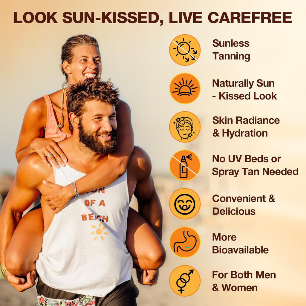 Tanning Gummies with Astaxanthin for Women and Men | Sunless Tanning Supplement with Beta Carotene, Lycopene, Collagen & Vitamins | Skin Radiance & Hydration | Vegan & Sugar Free - 120 Count