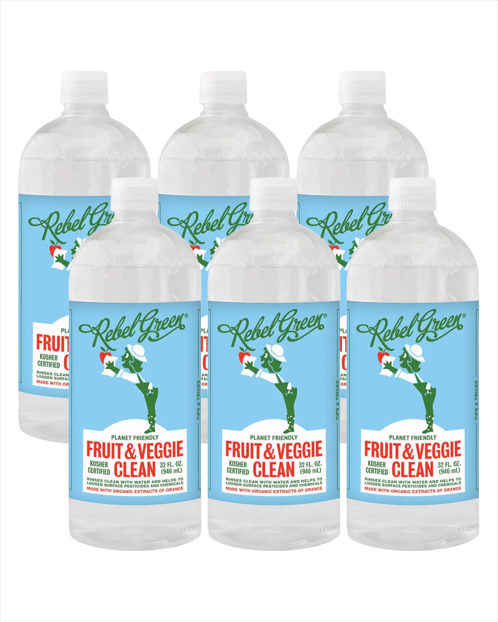 Rebel Green Fruit & Veggie Wash - Natural Produce Wash - Plant-Based Vegetable Wash Spray - Fruit and Vegetable Wash with No Aftertaste - Sustainable Food Wash - (34 oz Refill Bottles, 6 Pack)