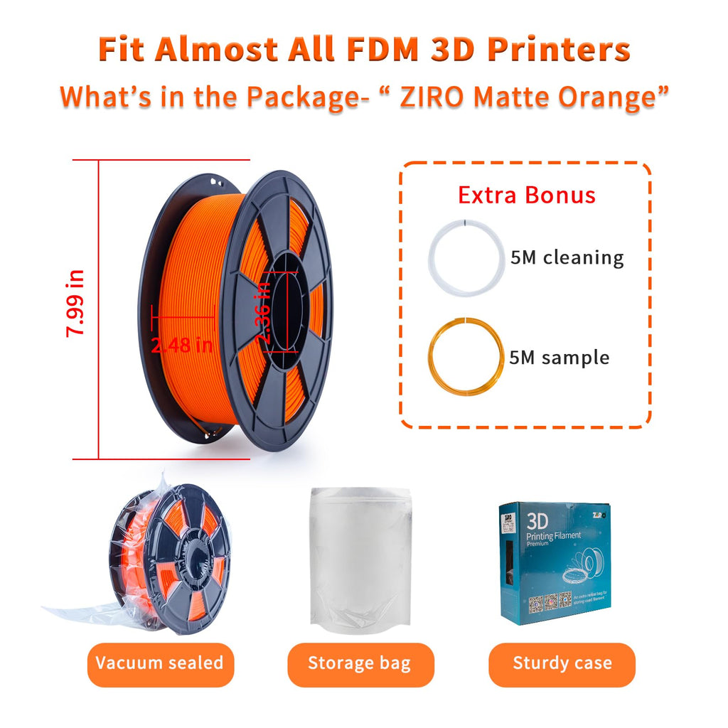 ZIRO Matte PLA Filament 1.75mm, Pure Color No-Shine 3D Printer Filament, High Toughness 3D Printing Material, Military Orange (Matte)