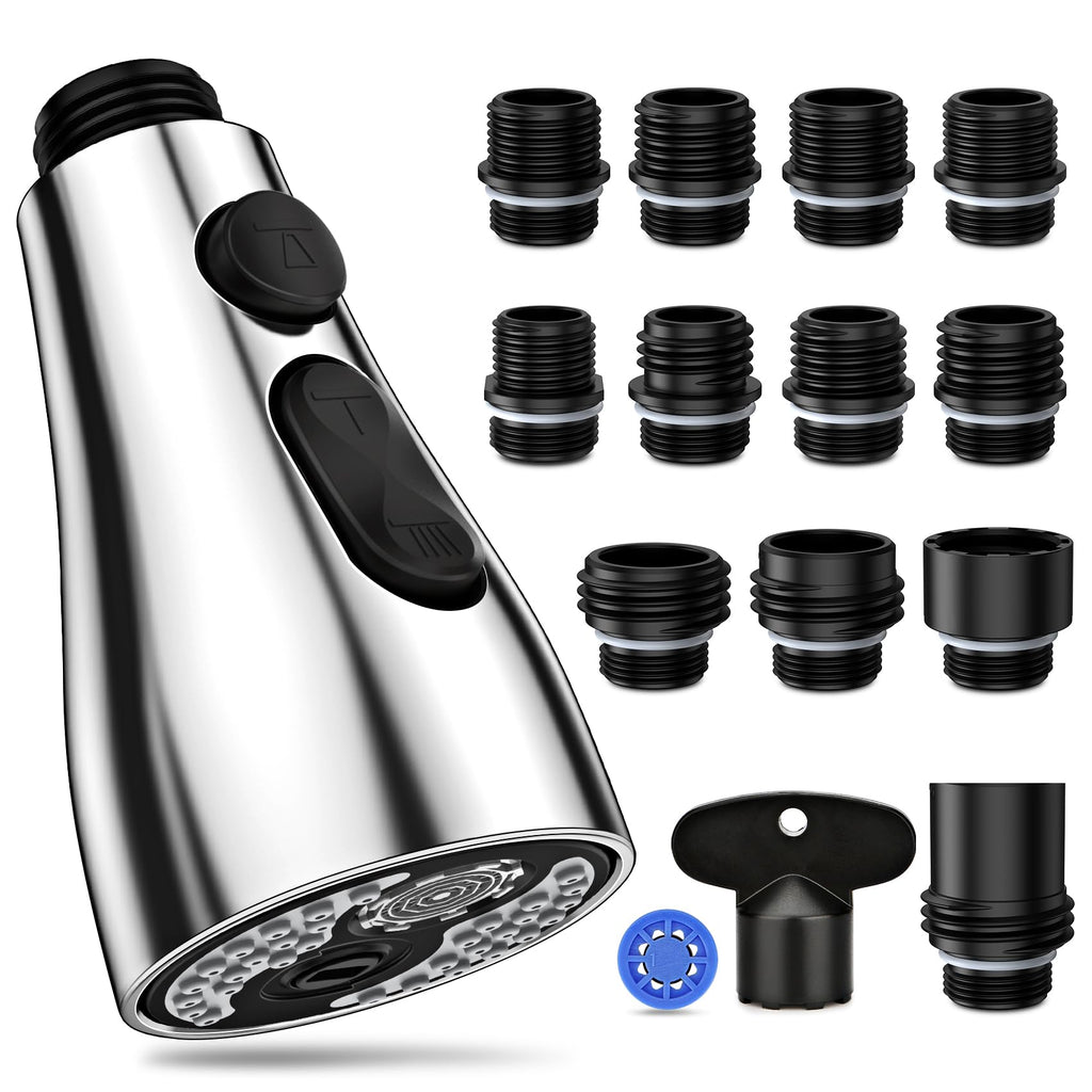 Kitchen Faucet Head Replacement 3 Modes with 12 Adapters, Pull Down Spray Head for Kitchen Faucet, Kitchen Sink Faucet Head G 1/2, Sprayer Head Replacement, Chrome
