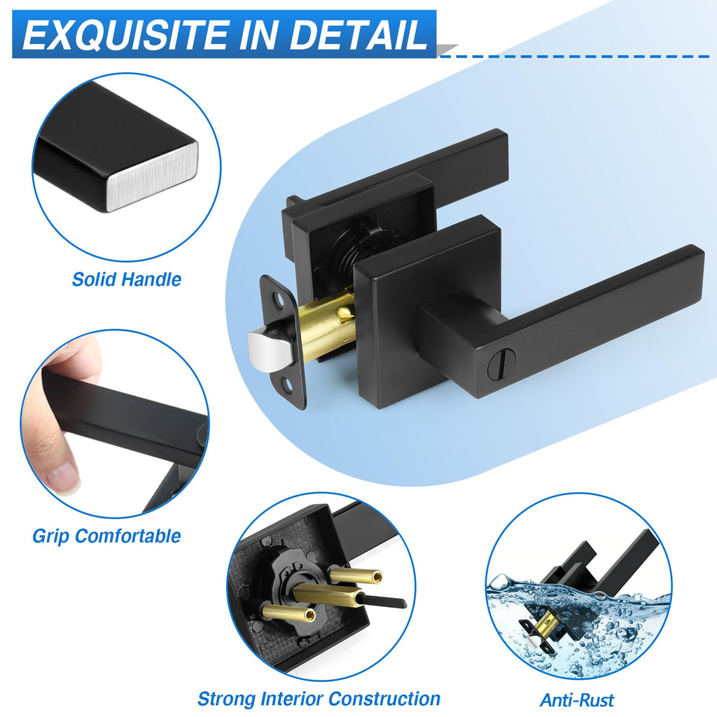 Plustool 1 Pack Matte Black Door Handles, Keyless Interior Door Knobs, Privacy Door Lever Locksets for Bedroom Bathroom, Heavy Duty Square Door Lock, Reversible for Left&Right Handled Doors