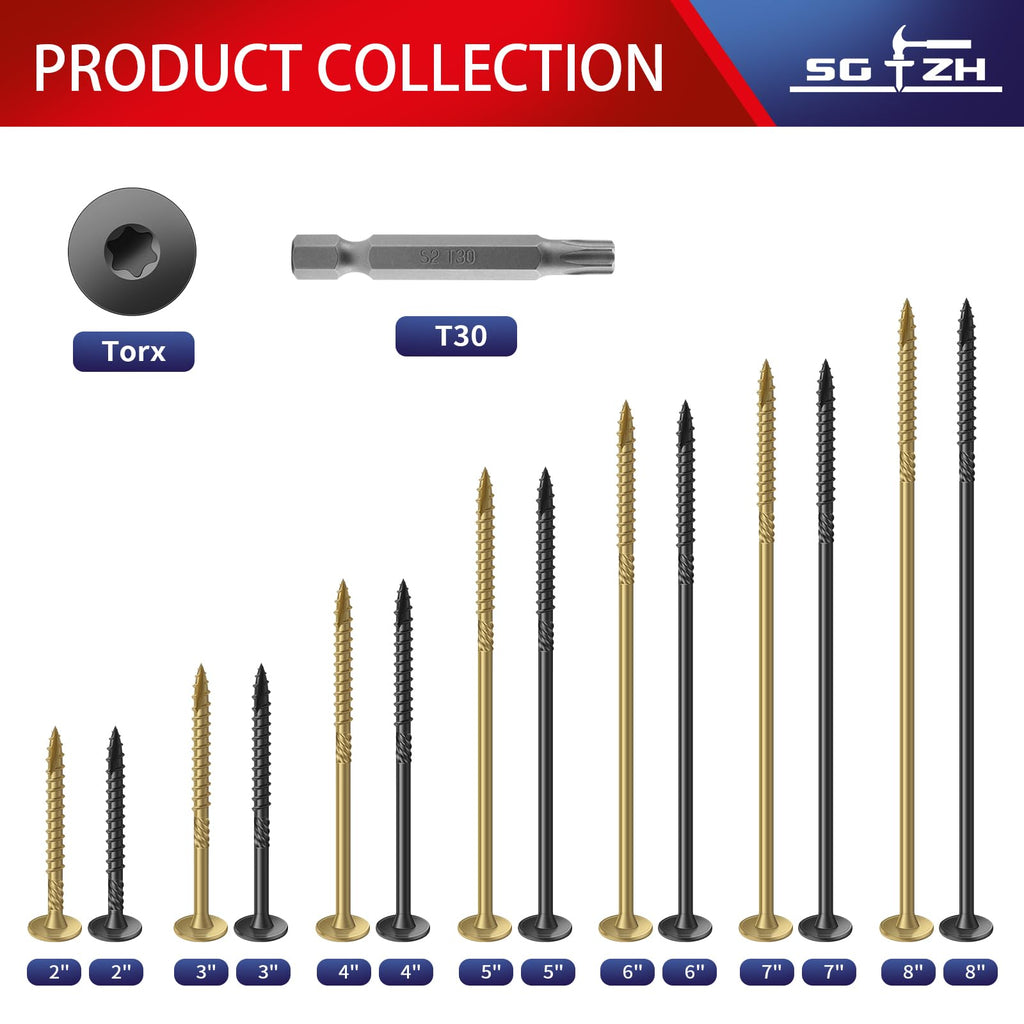 SG TZH #14 x 7 Inch Outdoor Structural Wood Deck Screws (32Pcs/2lb), Carbon Steel, Black, Flat Head, Rust Resistant Epoxy Coated, T30 Star Bit