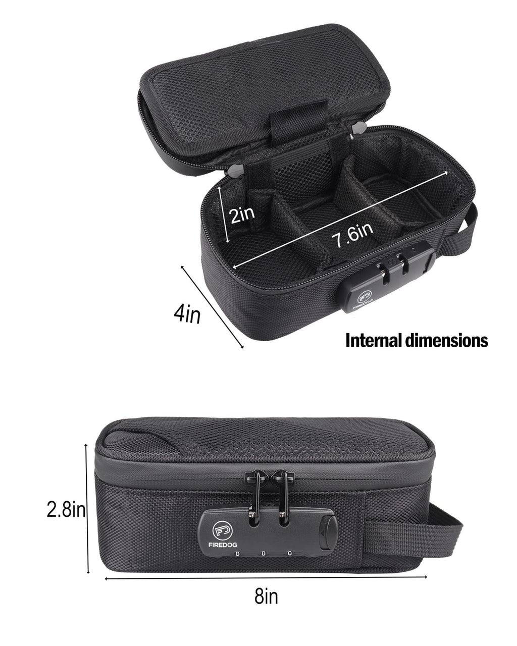 FIREDOG Smell Proof Bag with Lock, Carbon Lined Smell Proof Case Containers for Travel Storage (Black, 8x4x2.75 Inch)