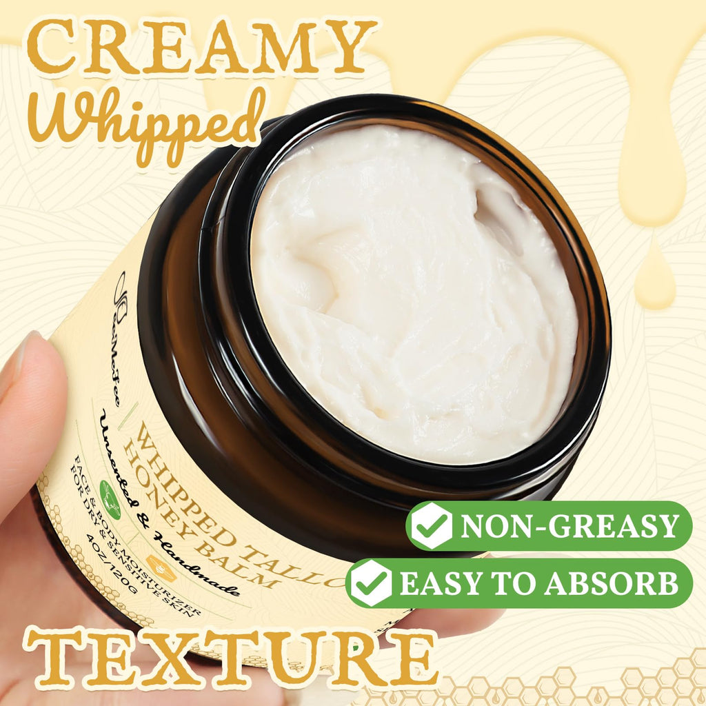 Beef Tallow for Skin 4oz | Tallow And Manuka Honey Balm | Unscented Tallow Face Moisturizer | Beef Tallow for Face | Organic Grass Fed Beef Tallow Balm | Whipped Beef Tallow Lotion Face Cream
