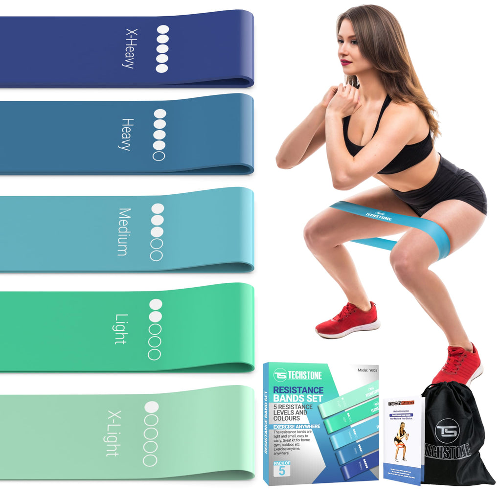 TechStone Resistance Bands Set for Men and Women, Pack of 5 Different Levels Elastic Band for Home Gym Long Exercise Workout ��� Great Fitness Equipment for Training, Yoga ��� Free Carrying Bag (Blue)