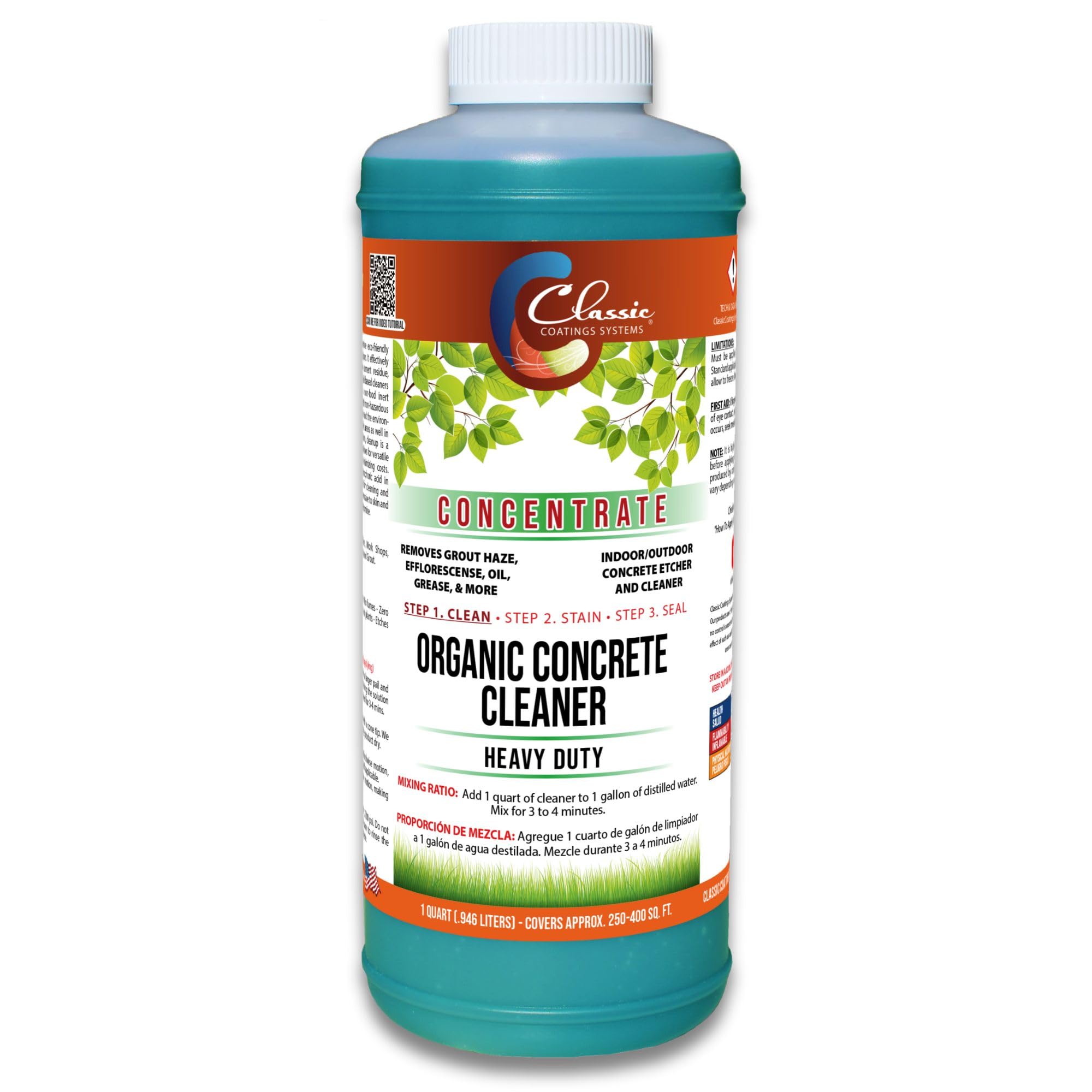Classic Coatings | Eco Concrete Cleaner Concentrate | Indoor/Outdoor | Environmentally Safe, Non-Toxic, Easy to Use | Cleans Concrete, Garage Floors, Stone, Bricks & More | 1-Gallon (1-Quart)