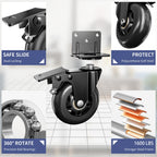Side Mount Plate Caster Wheels - Thickened L-Shaped Mounting ，Heavy Duty 1600 LBS，Set of 4 with Brake，360° Swivel，Locking，Castor Wheels for Furniture，Carts，Cabinet，Table (Black, 4inchs)