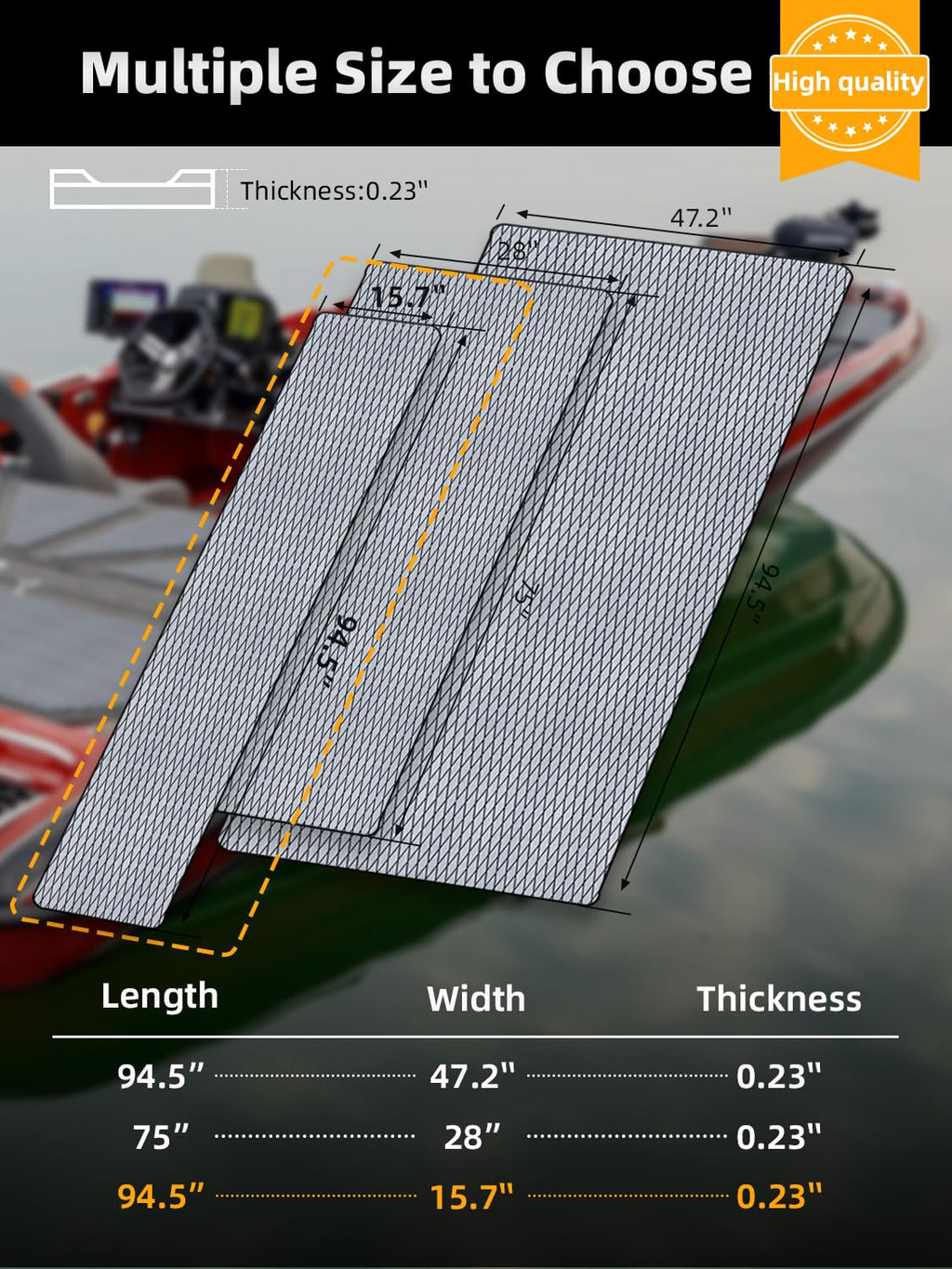 FOCEAN Boat Flooring EVA Foam Boat Decking Marine Mat Non-Slip Self-Adhesive Flooring Sheet for Motorboat Jon Boats Bass Boat Kayak RV Floor, 94.5''x 15.7'', Grey with Black Lines