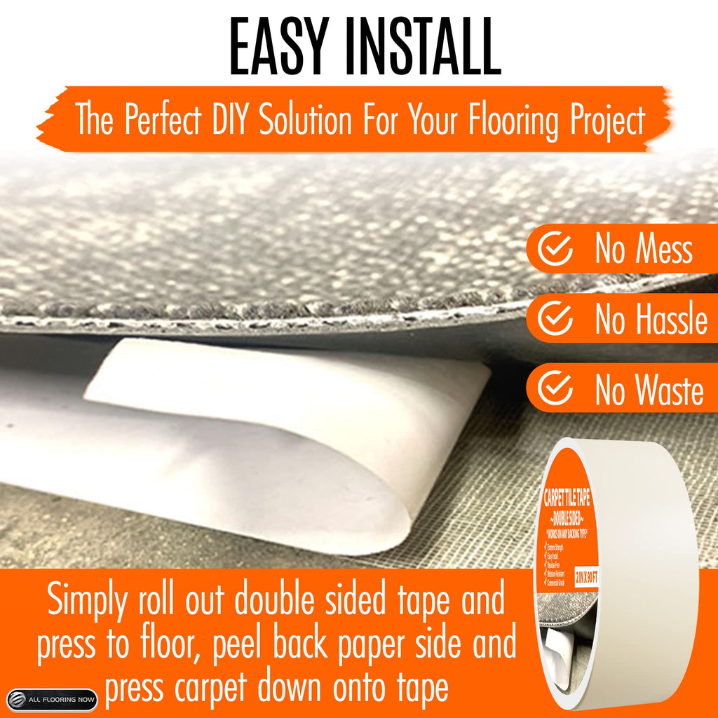 All Flooring Now Carpet Tile Tape Double Sided 2in x 90ft (Bulk 6 Pack) Heavy Duty Reinforced Web Mesh Residue Free Indoor Outdoor for Carpet Tiles, Hardwood, Vinyl, Rugs, Carpet, Rubber & Mat Gripper