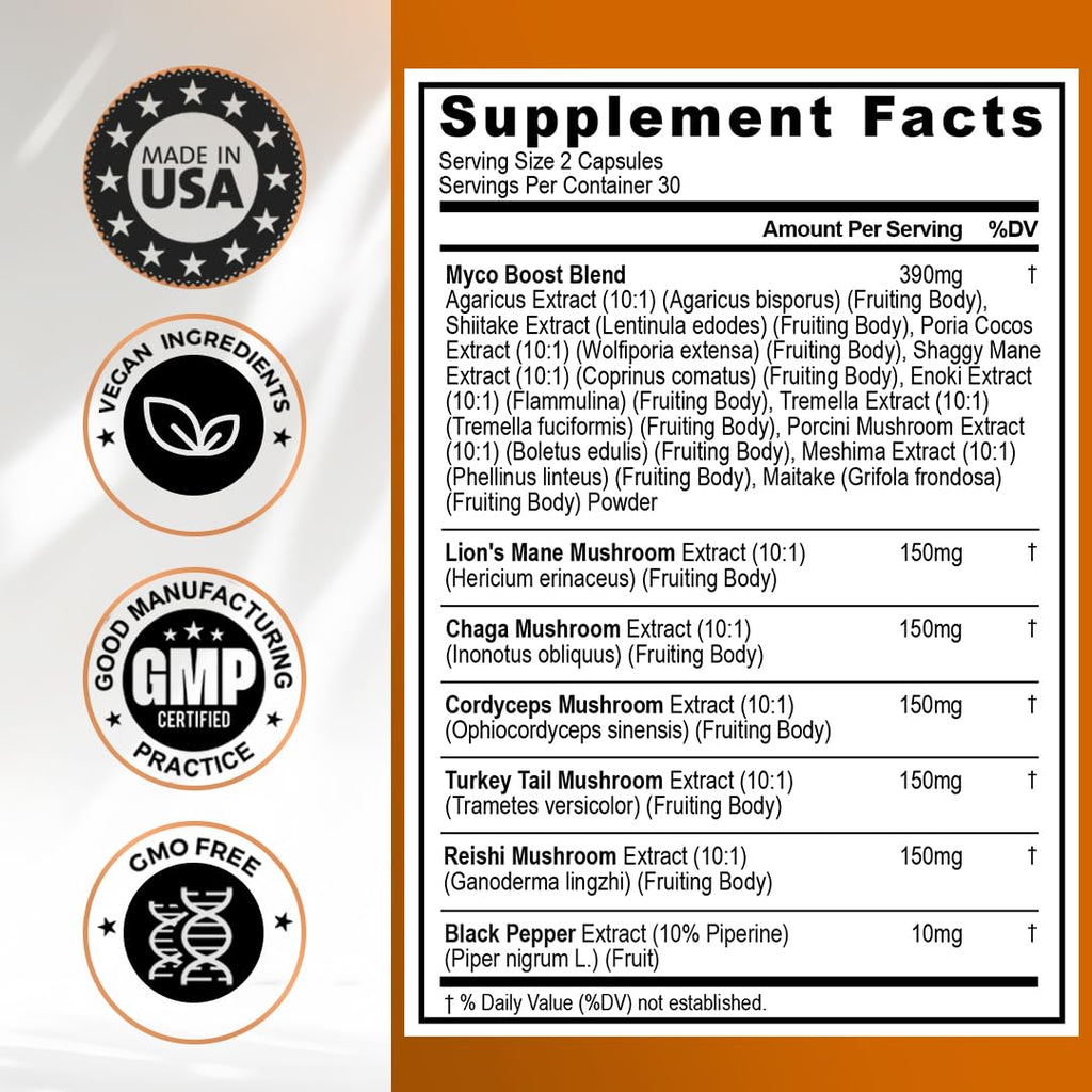 Vitamax Lions Mane Mushroom, Turkey Tail, Chaga & Reishi, Cordyceps Shiitake White Elm King Trumpet Nameko Oyster Porcini Focus & Energy - Made in USA