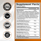 Vitamax Lions Mane Mushroom, Turkey Tail, Chaga & Reishi, Cordyceps Shiitake White Elm King Trumpet Nameko Oyster Porcini Focus & Energy - Made in USA