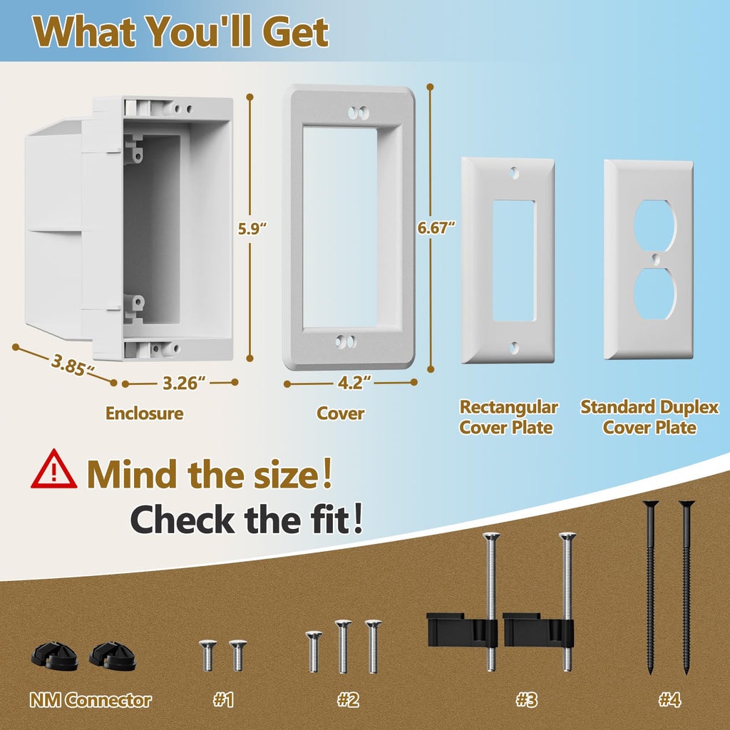 DVFR1W-1 Recessed Outlet Box, Recessed Electrical Box for Wall Mount TV, Outlet Mounting Box for New Construction&Retrofit Projects, Wall Outlet Box with Duplex & Decorator Style Covers,1-Gang