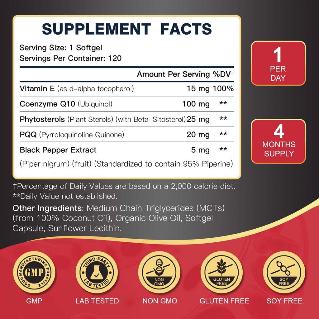 DRFOSTER CoQ10 100mg Ubiquinol - Coenzyme Q10 Co Q 10 Supplement Cq10 with PQQ & Vitamin E & Black Pepper - 120 Count