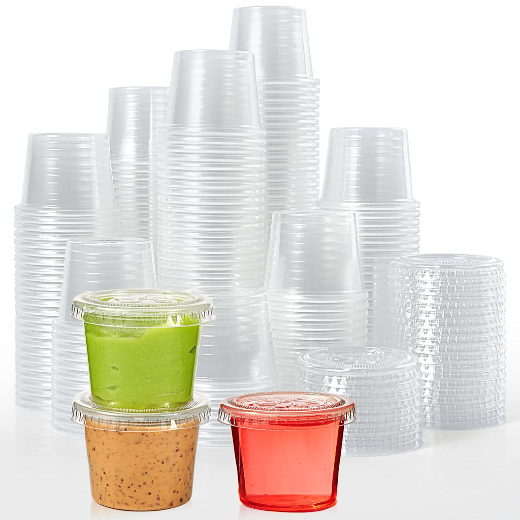 Lilymicky 400 Sets 1 oz Disposable Plastic Portion Cups with Lids, Small Plastic Condiment Containers for Sauce, 1 oz Jelly Shot Cups