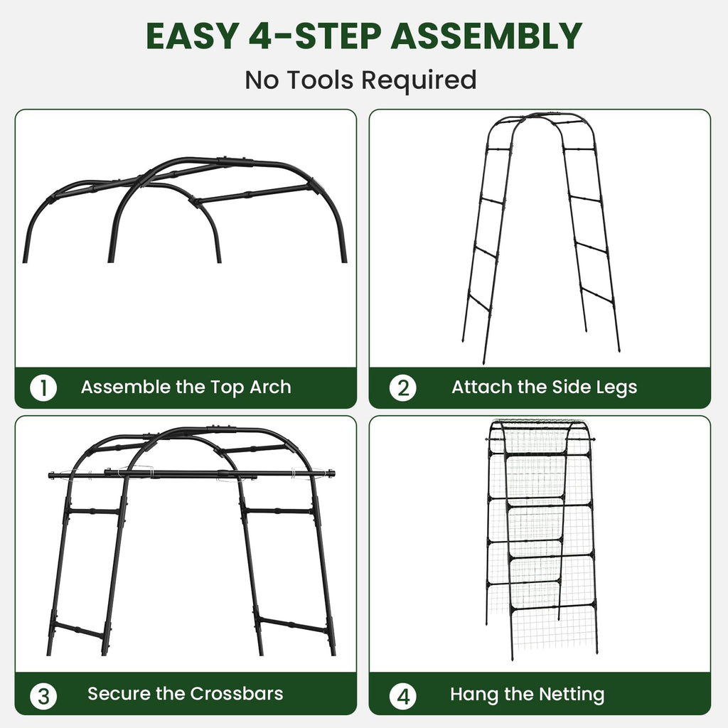 Heavy Duty Garden Arch Trellis for Climbing Plants, 20mm Thick Rustproof Metal Frame, Easy Assembly No Tools, 7.2ft Tall Vine Support with Netting & Gloves for Cucumbers Beans Roses