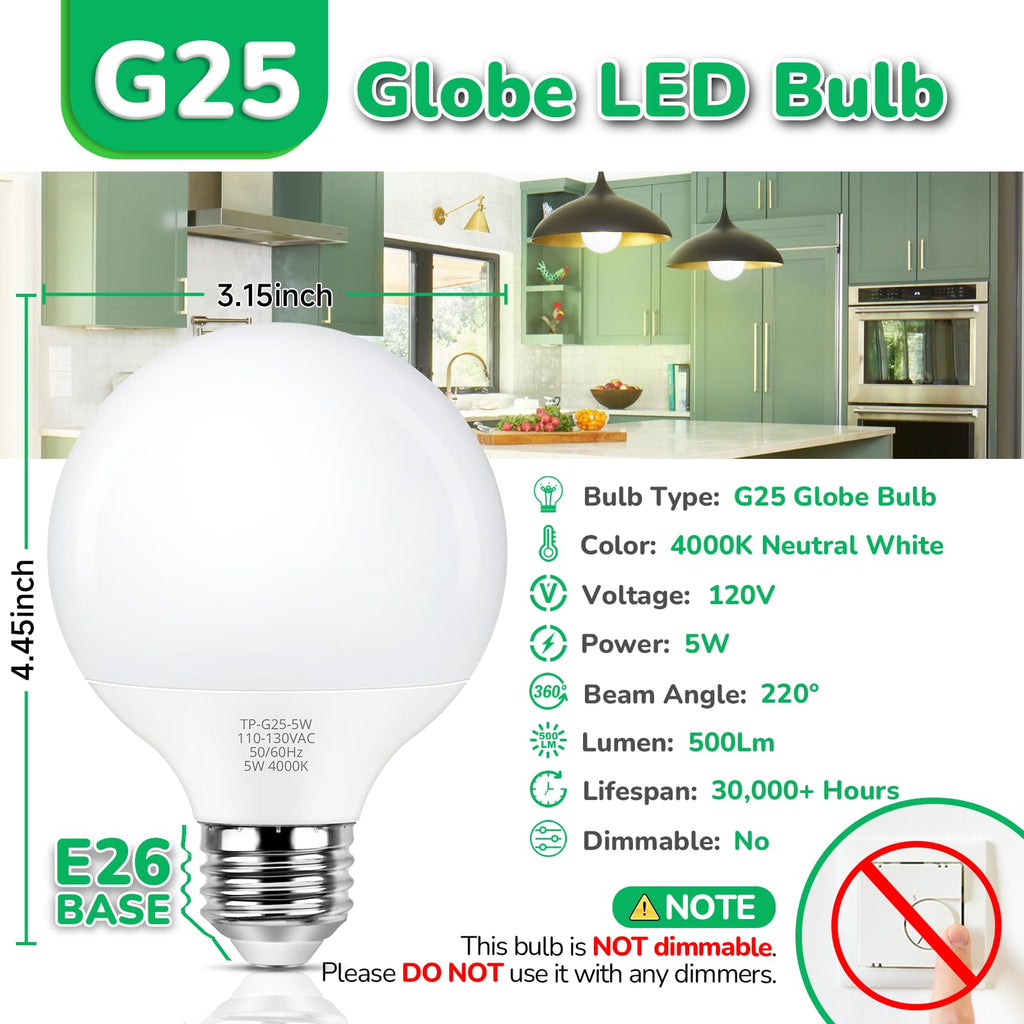 MAXvolador G25 LED Globe Light Bulbs Neutral White 4000K, Round Vanity Light Bulb 60W Equivalent, E26 Base Bathroom Mirror Light Bulbs, 500LM, Non-Dimmable, 8-Pack