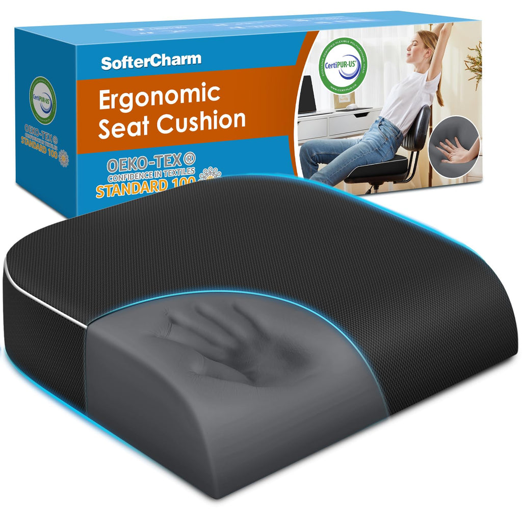 SofterCharm Seat Cushion, Memory Foam Office Chair Cushions for Long Sitting Hours, Chair Pad for Sciatica, Coccyx, Tailbone, Hip Pain & Pressure Relief, Office, Home, Car Seats, Airplane, Black/Large